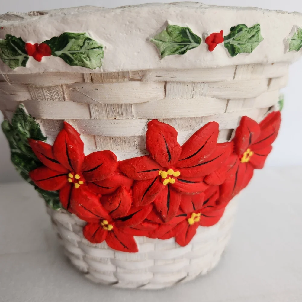 Vintage White Wicker Poinsettia and Holly Christmas Basket